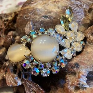 AURORA BOREALIS CRYSTAL PRONG SET STONES WITH MOON GLOW AND CABUCHONS BROOCH